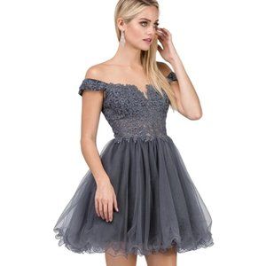 Charcoal Gray Off the Shoulder Lace Tulle Dress